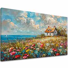 Slika pejzaža na platnu Seoska kuća u cveću | Akrilni detalji